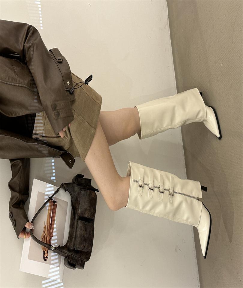 

Остроносые ботильоны на тонком каблуке 2025 осень и зима новая пряжка тонкий высокий каблук ботфорты нишевые универсальные модные ботинки 39 абрикосовый