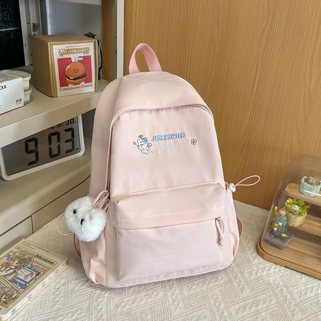 Schoolbag Solid Color Student Backpack English Cartoon Embroidery High Value School Bag Female Class Travel Commuting Versatile Backpack