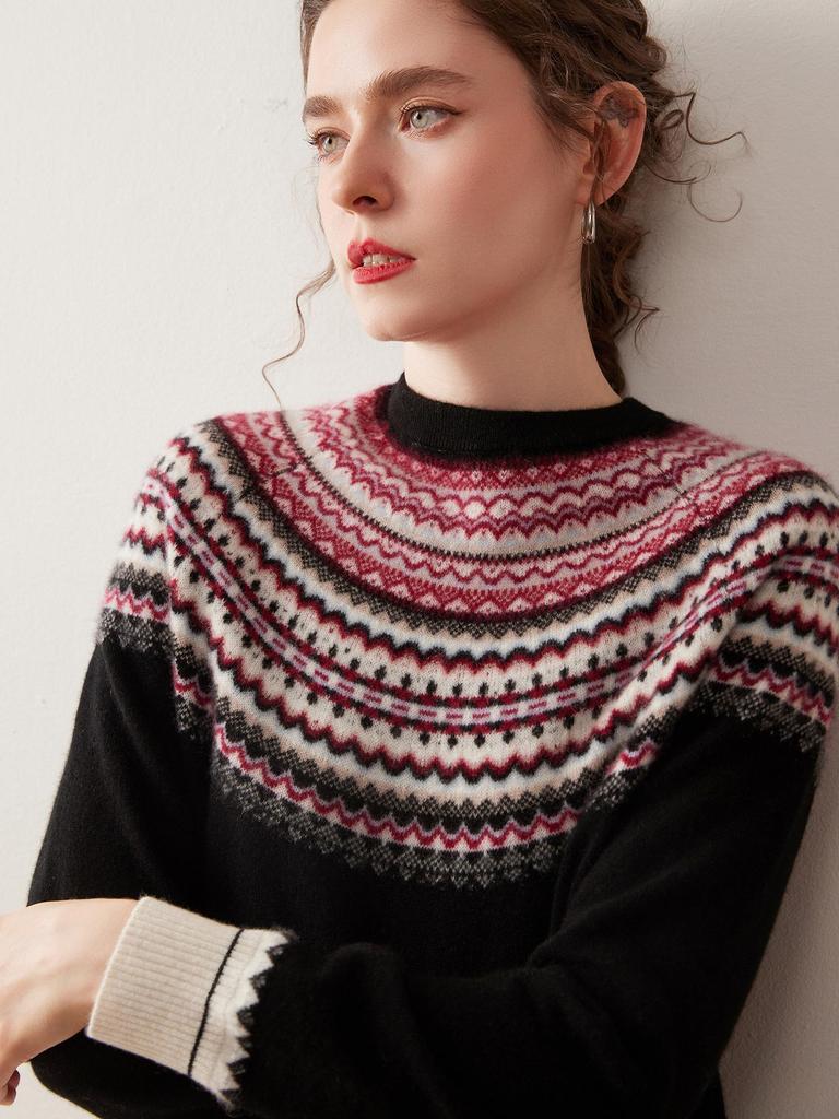 Elegant Retro Fair Isle Jacquard Cashmere Pullover Sweater for Women - Autumn/Winter Collection