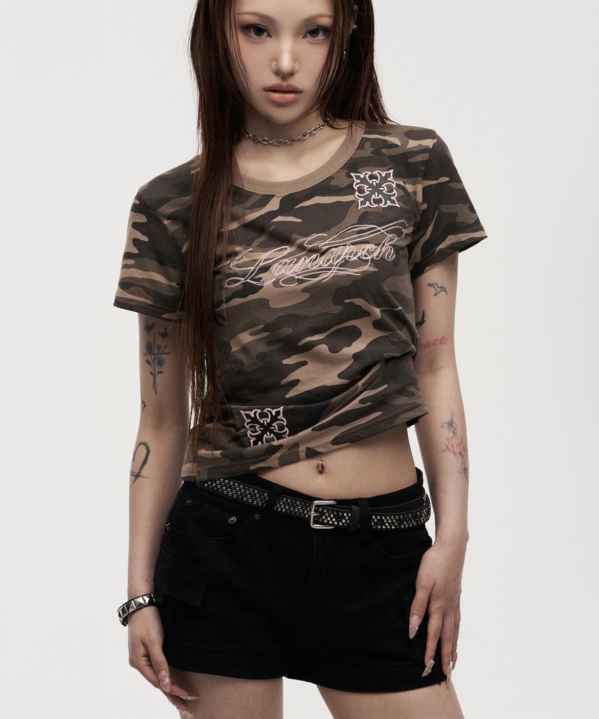 LANARCHIVE [0143] Camo Chain Embroidery Women'S Short Sleeve T-Shirt - Camo