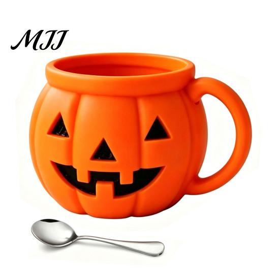 Cute Pumpkin Shape Organizer Halloween Ice Cream Cup with Spoon, Keeps Hands Warm Dessert 3D Printed Decor Cup, PLA Creative Sleeve for Home