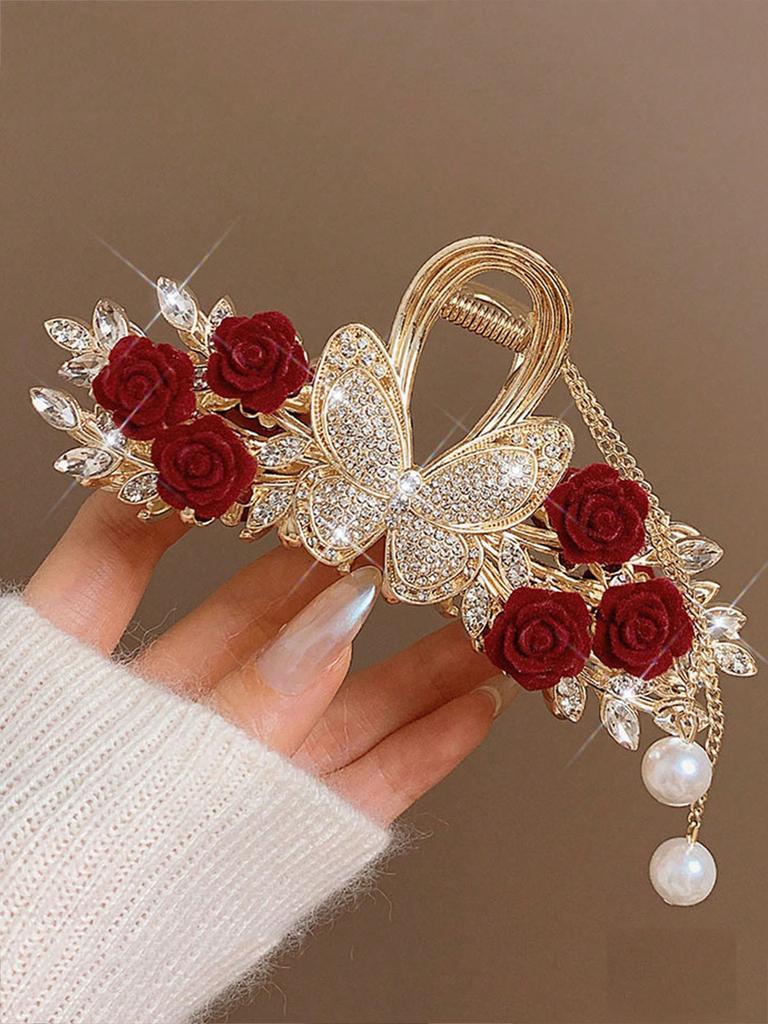 1Pcs Diamond-set Butterfly Rose Tassel Hair Claws For Women Girls Party Hair Accessories