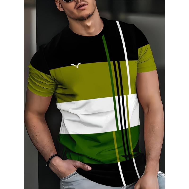 

Men s Summer Color Block Striped T-Shirt, Black Green White Patchwork Design with Vertical Stripes & Minimal Logo, Streetwear St XL
