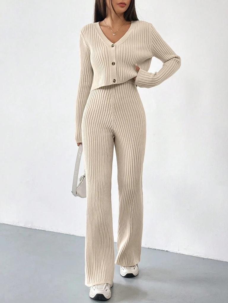 Solid Color Two-Piece V-Neck Short Knitted Cardigan Flared Pants