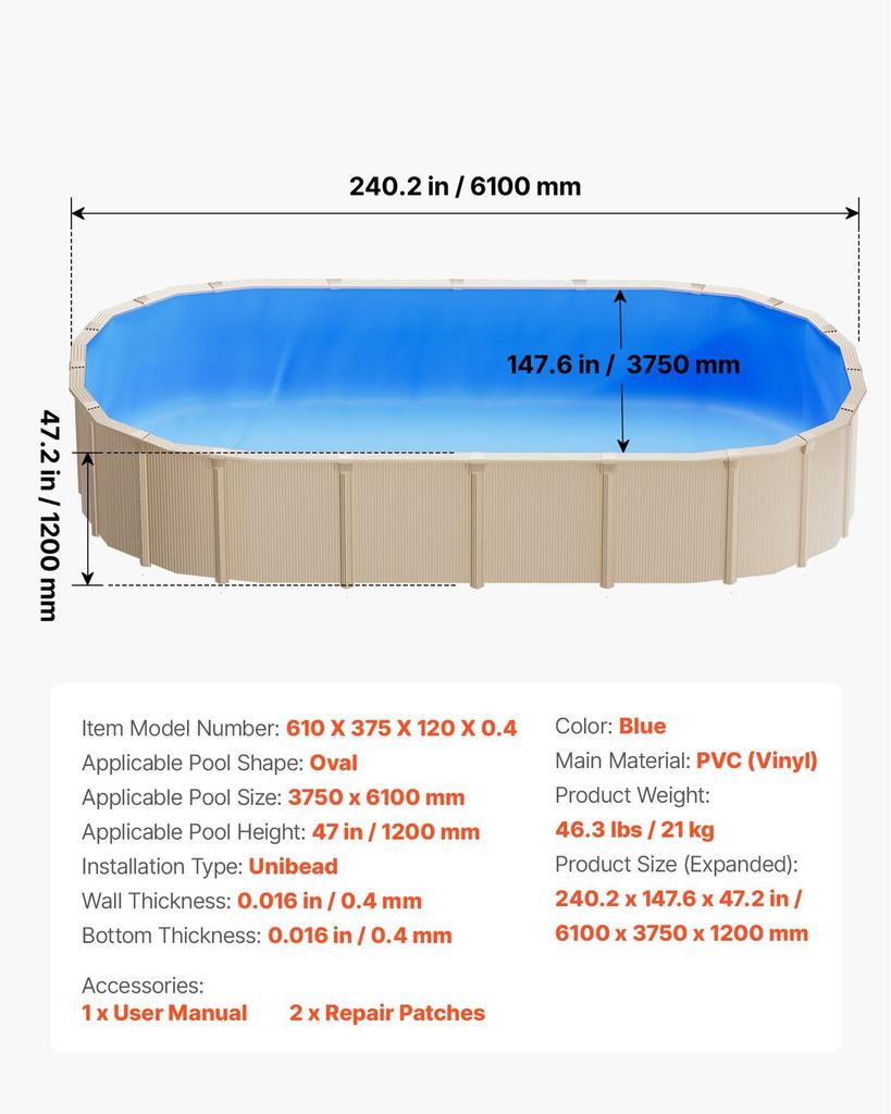 Oval Pool Liner, 375 x 610 cm UniBead Swimming Pool Liner for 120 cm Wall Height, Premium Vinyl, Easy Install with Leak-Proof Patches, Designed for