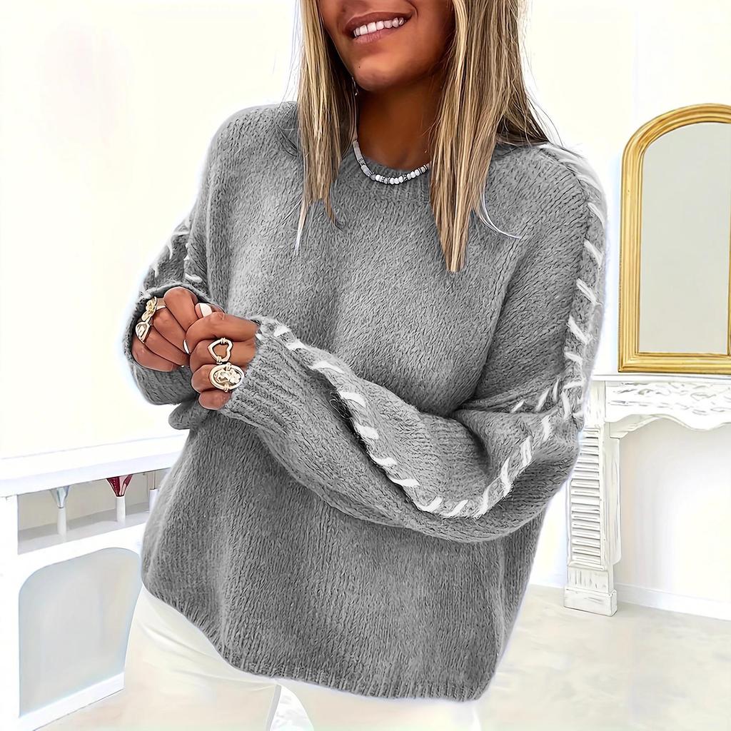 Women's Autumn/Winter Color Block Round Neck Pullover Top