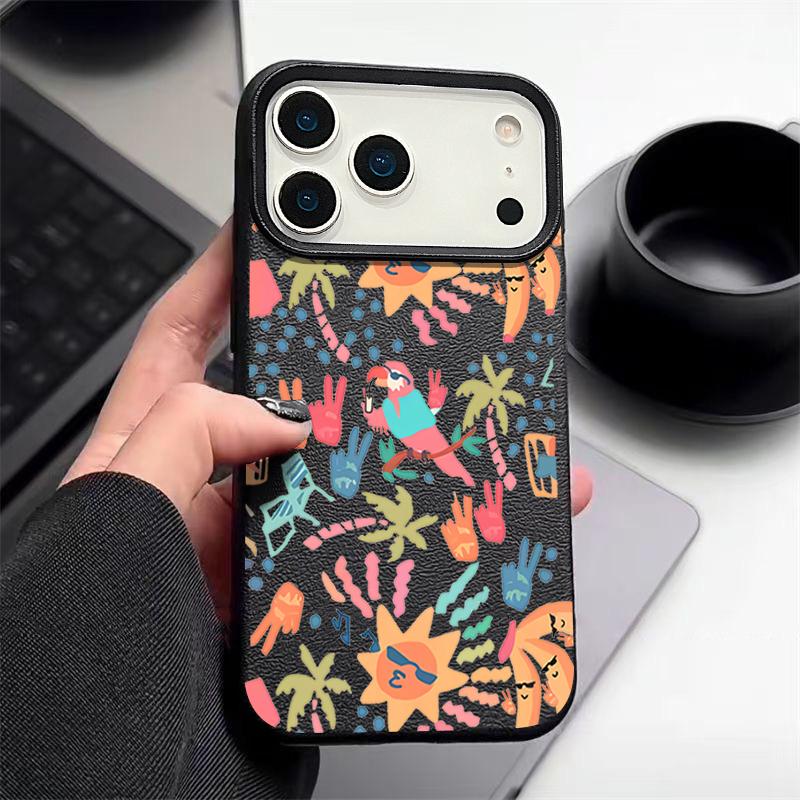 For iPhone 17 Pro Max Case Luxury Colorful Cartoon Pattern Leather Texture Silicone Cover For iPhone 16 Pro Max 15 14 13 12 11 16E Air