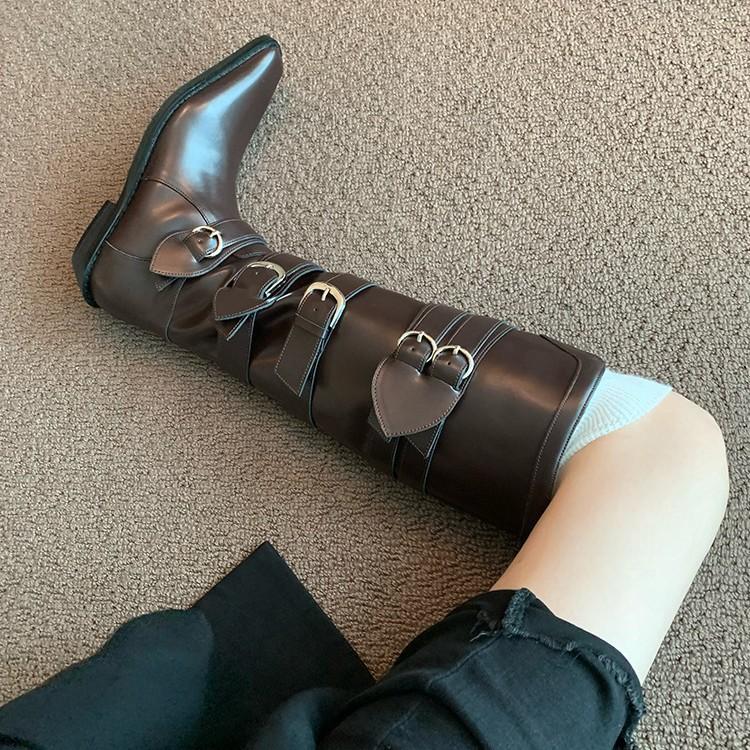 Cowhide version~ Brown boots Femininity pointed V-mouth thin belt buckle but knee high thick heel knight boots