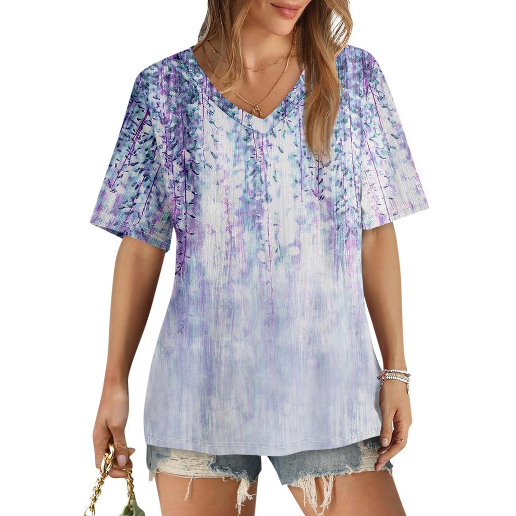 Short Sleeve Womens Tops  Floral Print Vintage Fashion Casual Loose With V Neck Plus Size Shirts