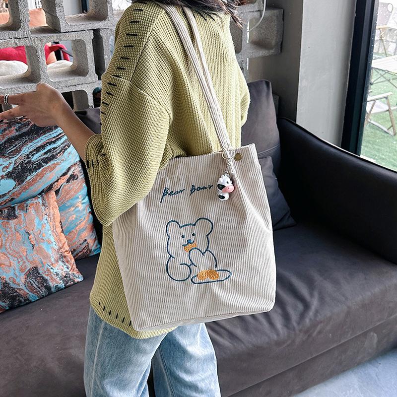 Women Corduroy Shoulder Bags Bear Pattern Ladies Casual Handbag Reusable Large Capacity Tote Bags Casual Female Shopping Bags
