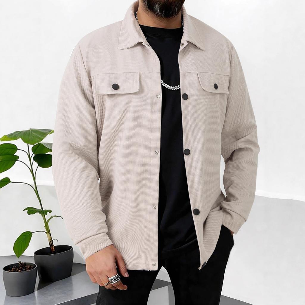 New Casual Men's Autumn Waffle Solid Color Top Pocket Long Sleeve Jacket Jacket