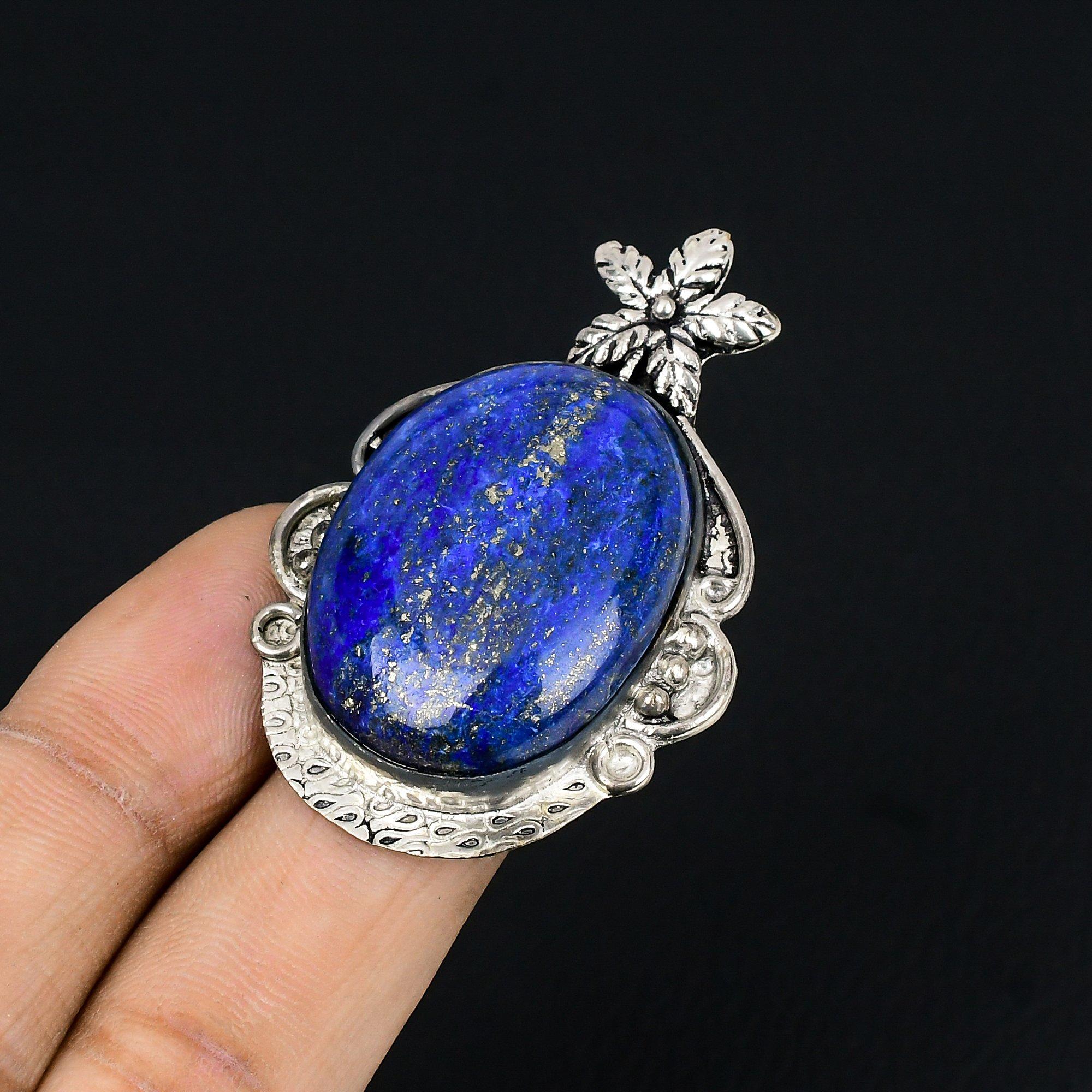 Oval Lapis Lazuli Stone Sterling Silver Wedding Wife Stackable Flower Ring US 7 7