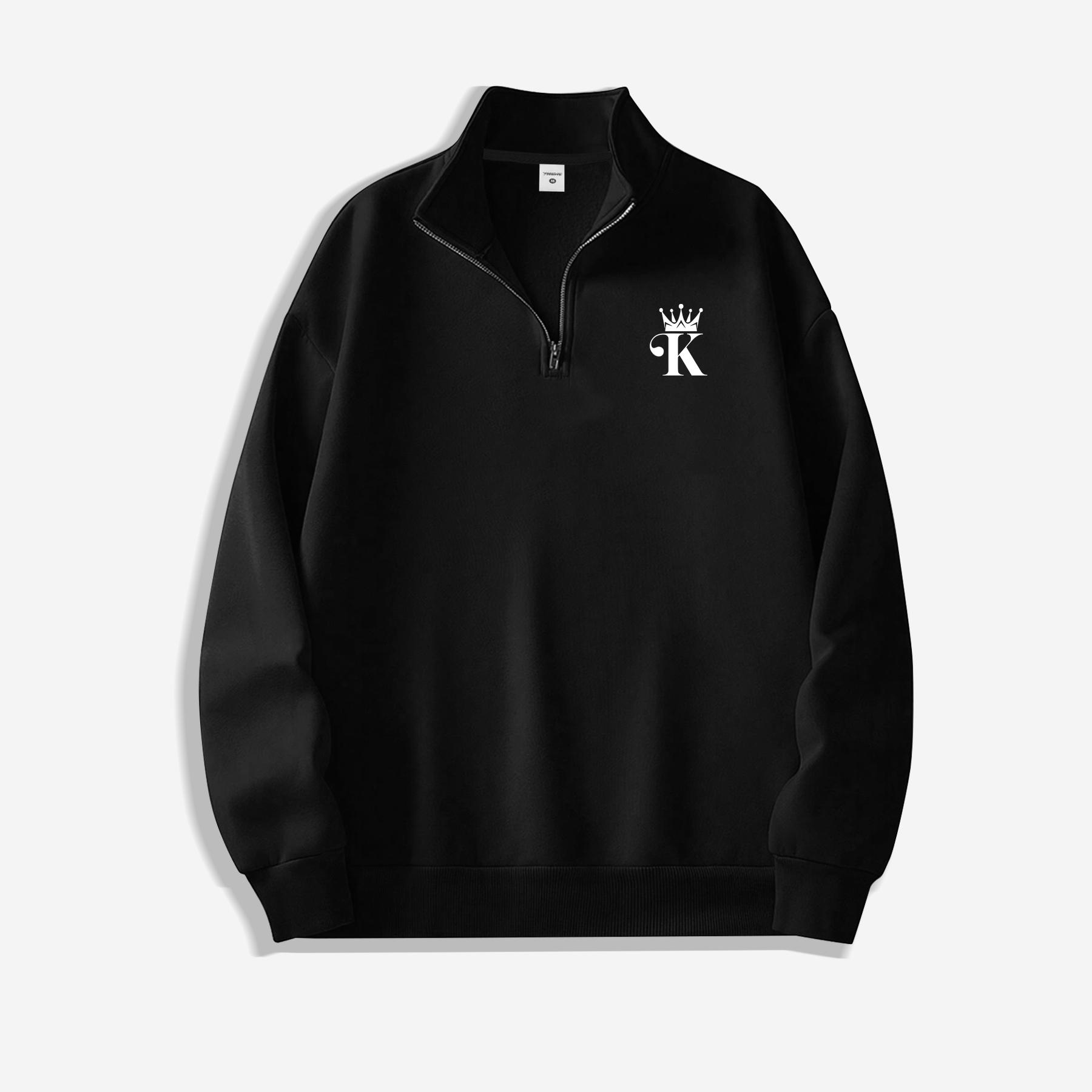 Crown “K” Print Half-Zip Sweatshirt: Relaxed-Fit Stand-Up Collar Pullover (Unisex) L чёрный