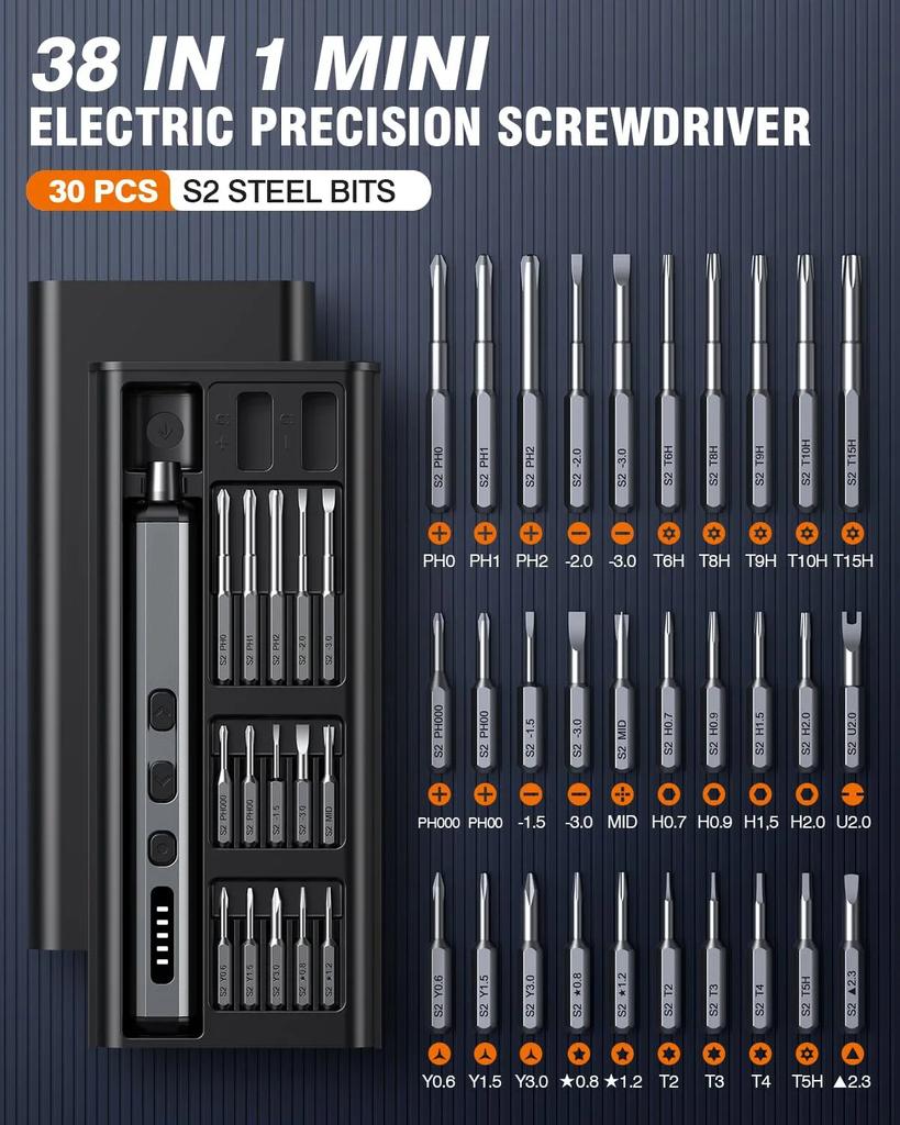 Mini Electric Screwdriver Set Magnetic Screwdriver with 30 Bits 5 Torque Settings Multi-Function Repair Power Tool Set Hand