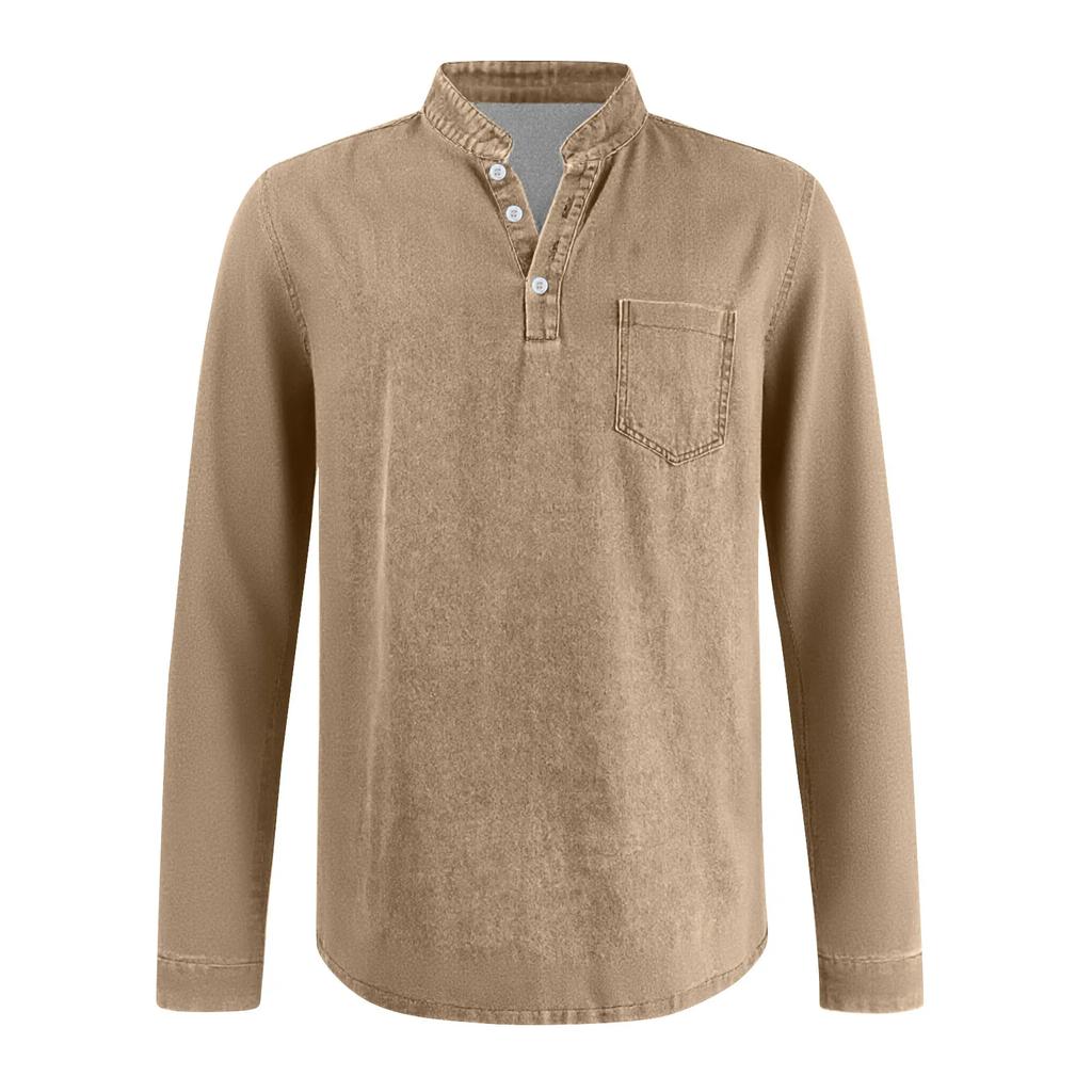 Men's Henley Long Sleeve T-Shirt Vintage Washed Denim Casual Tops Button Down Crew Neck Loose Fit Daily Streetwear for Men