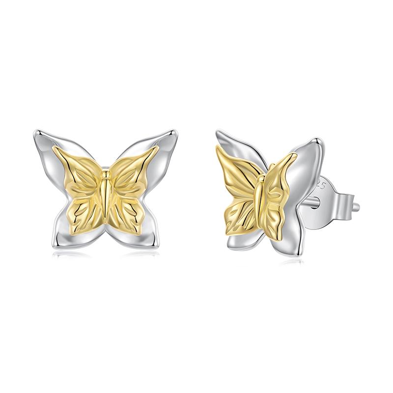 WOSTU Minimalist 925 Silver Butterfly Stud Earrings Gold Plated Two-Tone Ear Studs Hypoallergenic Cute Gift for Women Teens