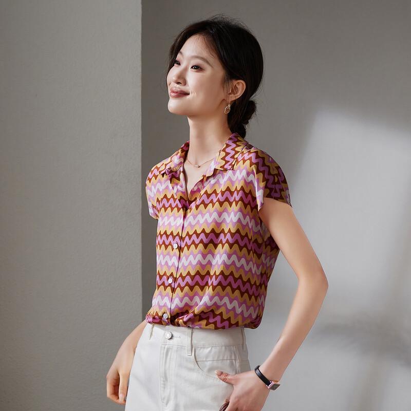 SOFSIL 2026 Summer Mulberry Silk Printed Short Sleeve Turn-Down Shirt