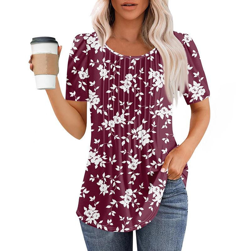 Neues plissee-Rundhals-Kurzarm-T-Shirt Damen-Oberteil Damenbekleidung