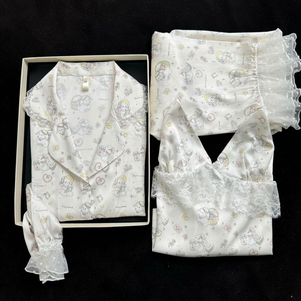 2026 Women's Ice Silk Floral Pajama Set: Long Sleeve Top, Long Pants, Lace Camisole with Bra Pads