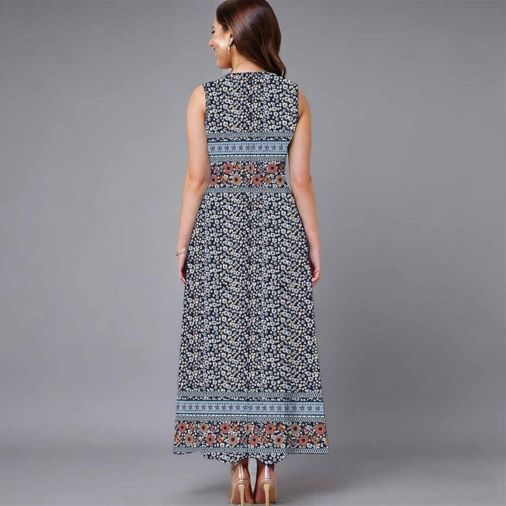 Ladies Plus Size Sleeveless Round Neck Dress Charming Cluster Floral Flowy Calf Length Dress