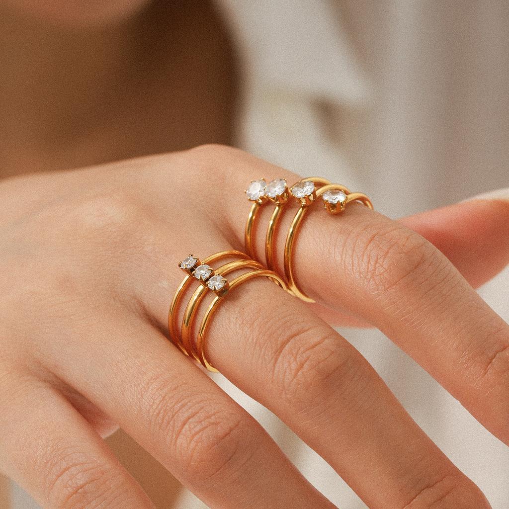Three-layer Stainless Steel Ring Inlaid with Zircon, Light Luxury Versatile Titanium Steel Open Ring