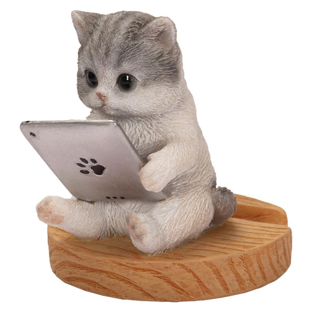 Woobia Tablet-Viewing Tabby and White Cat Smartphone Stand 9 x 7.5 x 8 cm Doll Figurine Ornament Animal Garden Decoration Cat H22329-1