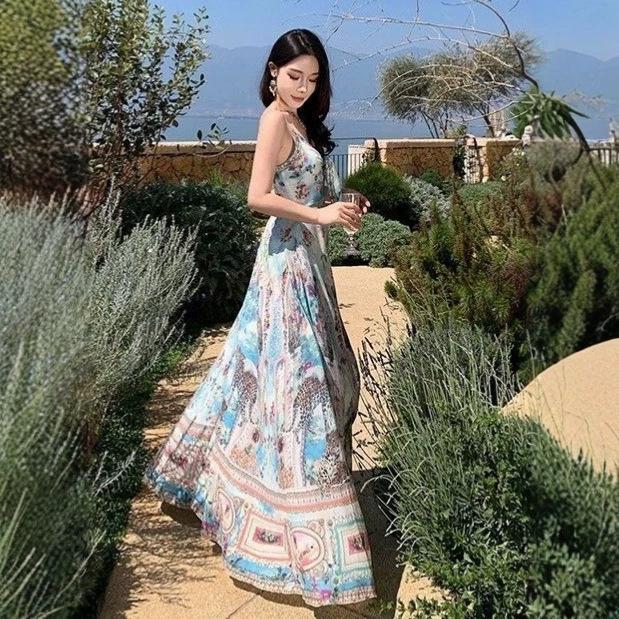 Seaside Vacation Bohemian Blue Floral Suspender Dress Women's Summer French Gentle Wind Sexy Temperament Long Dress