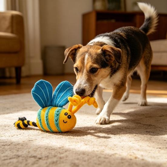 Stuffed Bee Dog Toy Squeaky Canvas Bee Dog Chew Toy with Rope Knot Interactive Tug-of-War Toy for Puppy Teething Boredom Relief