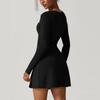 Womens Square Neck Bodice Dress Long Sleeve Side Slit Flare Mini Dresses