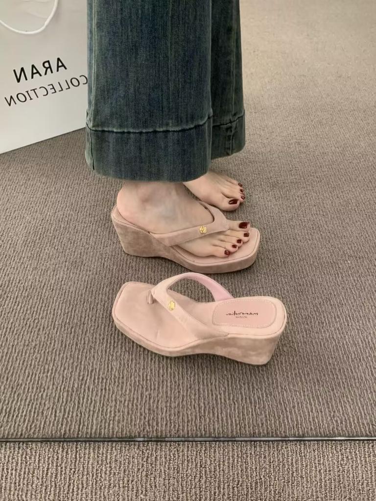 Fashion Fashion Square Clip Toe Platform Sandals Woman Chic Denim Wedge Flip Flops Ladies Summer Street Style Thick High Heel Slippers