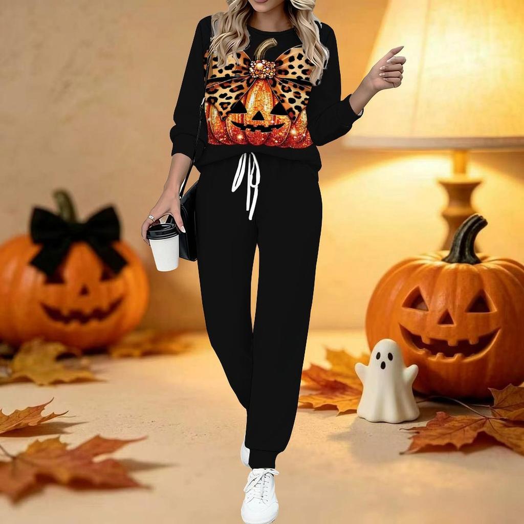 Women Halloween Print Two Piece Outfit, Long Sleeve Crew Neck Top & Drawstring Jogger Pants Casual Tracksuit for Spring Autumn