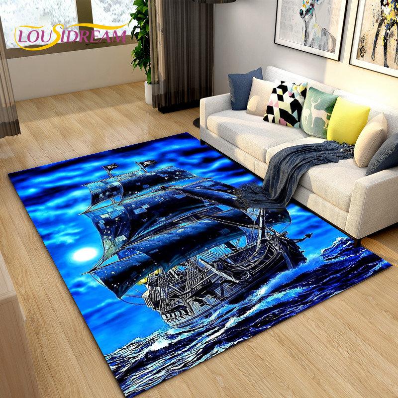 Sea Monster, Boat Ship Barque Area Rug Large,Carpets Rug for Living Bedroom Sofa Doormat Decoration,Kids Play Non-slip Floor Mat
