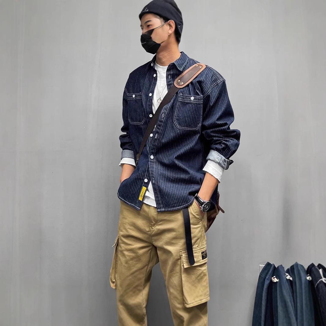 

Men s Retro Striped Denim Long Sleeve Shirt - Casual Loose Drop Shoulder, Thick Outerwear, Plus Size for Spring and Autumn. XL синій