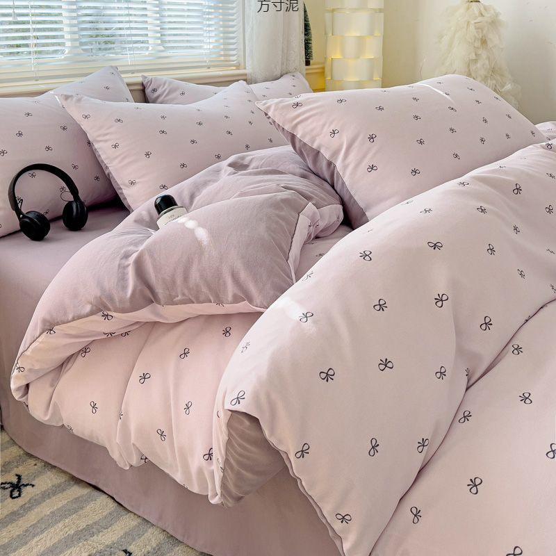 Class A Maternal And Infant Grade Knitted Cotton Double-Layer Yarn Four-Piece Set Simple Floral Bed Sheet Quilt Cover Dormitory 3Pcs Set Factory