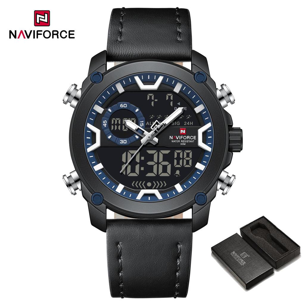 NAVIFORCE Original Men Quartz LCD Digital Watch Leather Strap Waterproof Luminous Pointer Calendar Date Men Boys Casual Watch NF9261