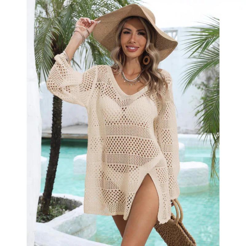 

Летний женский трикотажный свитер с V-образным вырезом и рукавами полной длины, с ажурной вязкой, накидка для бикини для отдыха на пляже, туника, комбинезон One Size абрикосовый