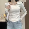 Front Shoulder Fishbone Bottoming Shirt Women's New Spring Square Collar Inner with Small Slim and Thin Long-sleeved T-shirt Tide