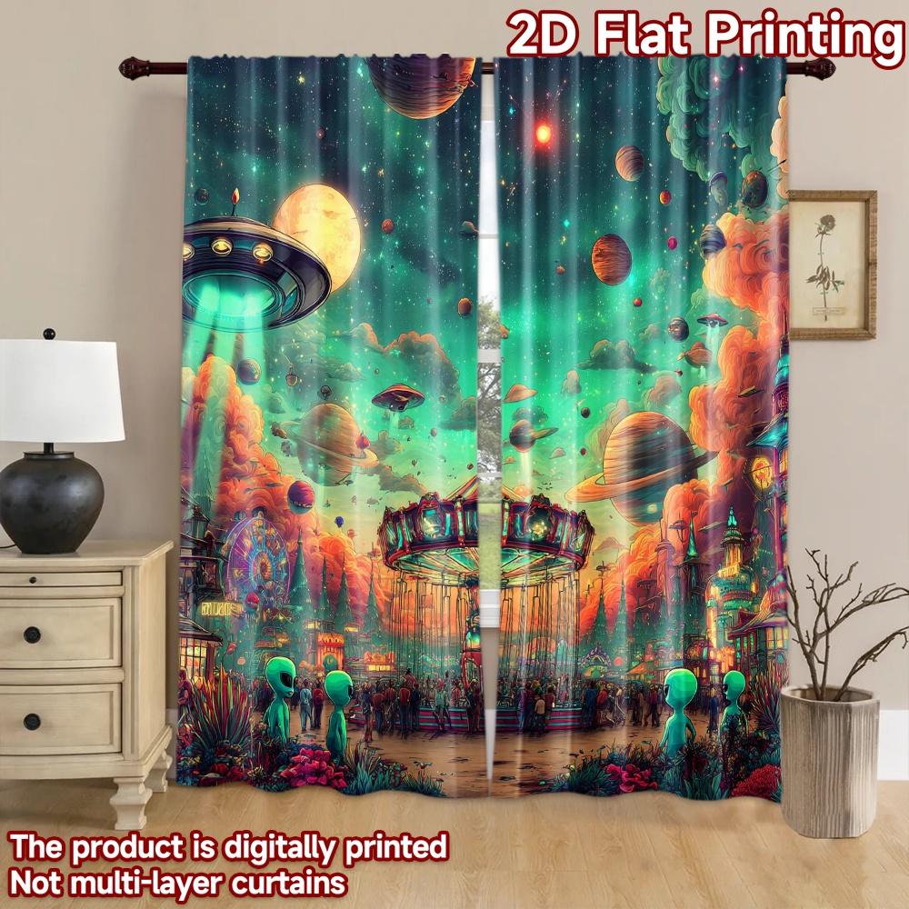 2D Flat Printing 2pcs Window Curtains Alien Amusement Park Ride UFO Digital Printed Polyester Drapes Festive Wall Decor Perfect