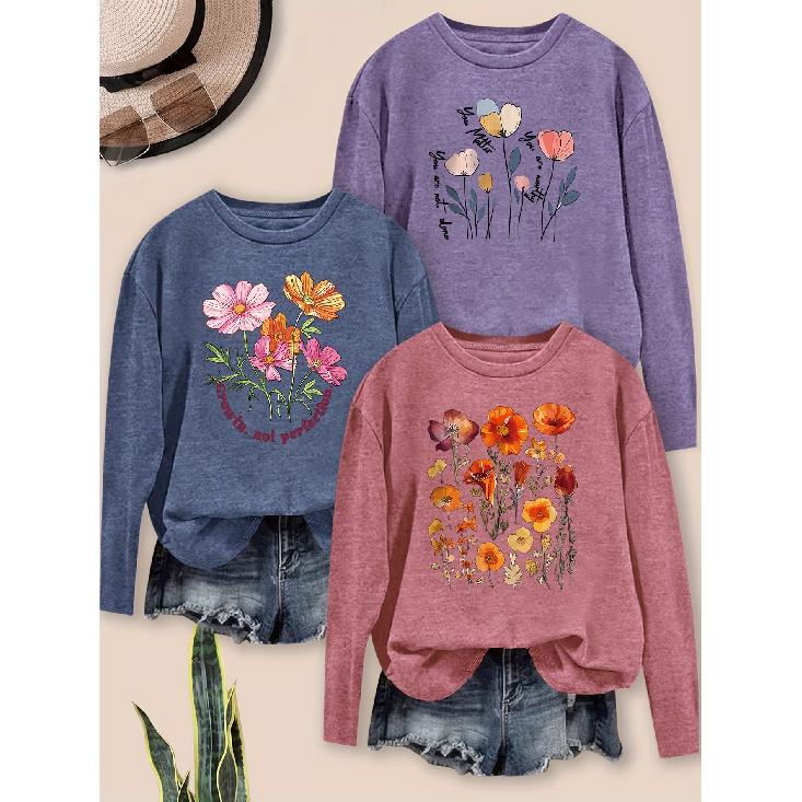 Women's Casual Elegant Style Colorful Floral Print Pattern Round Neck Long Sleeve for Spring, Summer, Autumn, and Winter3Set of items T