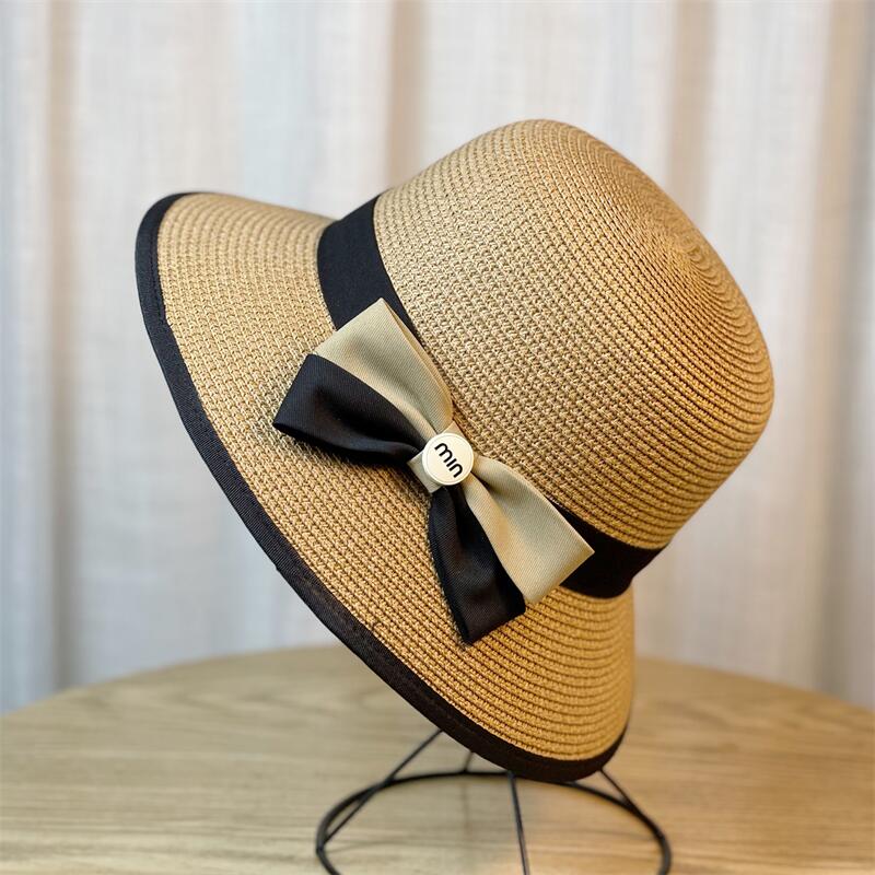 

Солнечная шляпа женская солнцезащитная закрывающая лицо с большими полями плетеная из соломы пляжная шляпа летняя демонстрирующая темперамент маленькая соломенная шляпка с бантиком Adults 54-59 Adjustable хаки