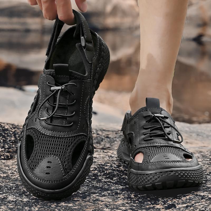 Fashion Comfort Men Leather Sandals Male Leather Stitching Summer New Mesh Shoes Beach Sandals Fashion Outdoor Soft Sole Casual Sneakers