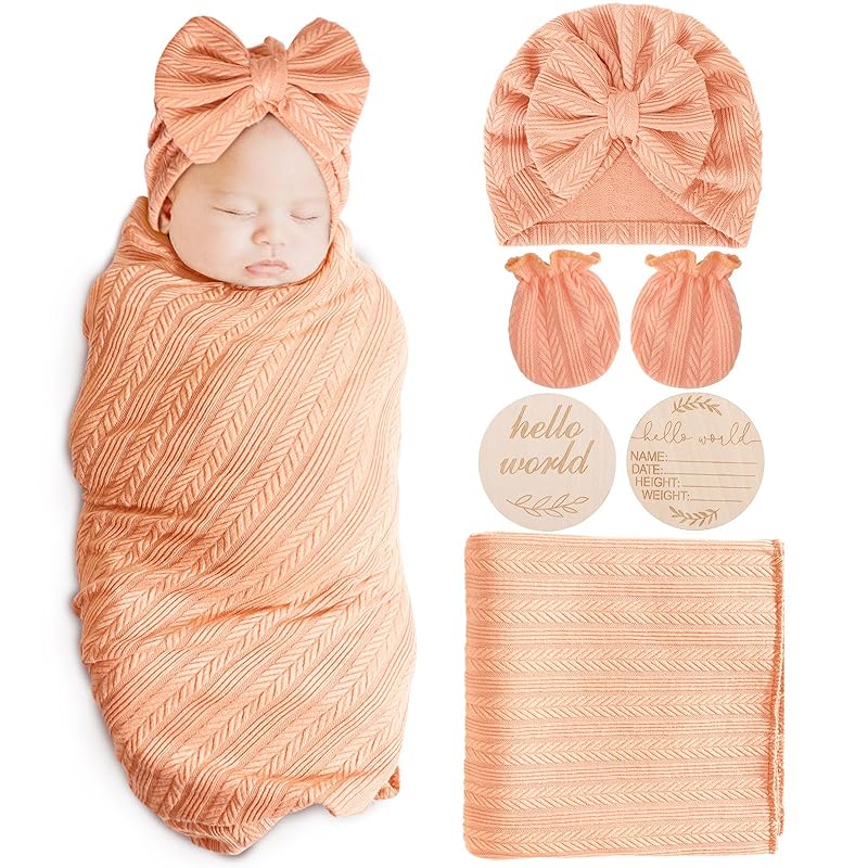 Newborn Receiving Blanket with Bow Hat Mittens Wooden Card Set Wheat-Pattern Newborns Toddler Baby Boy Girl Nursery Swaddle Wrap