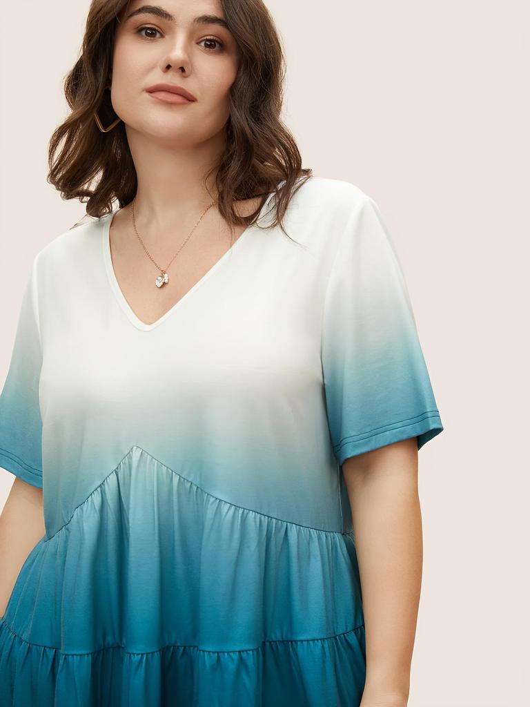Gradient Plus Size V-Neck Casual Short Sleeve Cover-Up Shirt