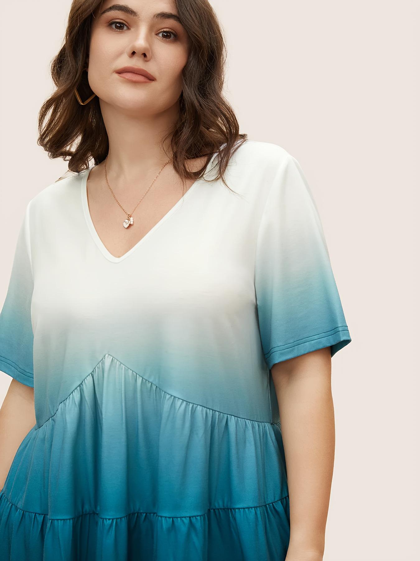 

Gradient Plus Size V-Neck Casual Short Sleeve Cover-Up Shirt Medium небо синє кольору