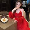 Xia Chunyi mesh nightdress lace lace long sleeve two-piece set fairy style court retro with chest pad