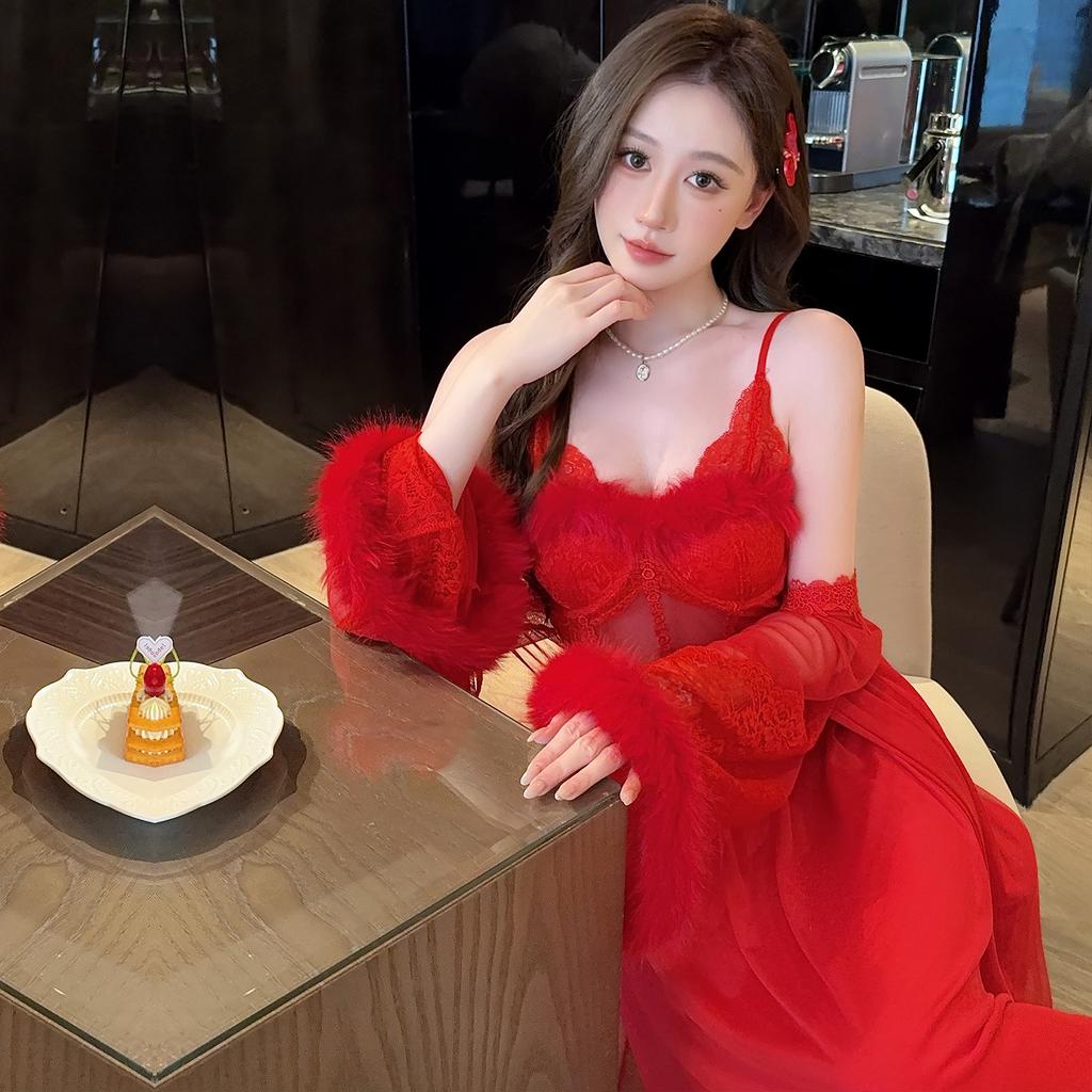 Xia Chunyi mesh nightdress lace lace long sleeve two-piece set fairy style court retro with chest pad