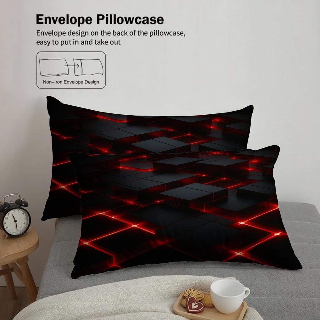 3pcs Red Glowing Geometric Cubes Print Duvet Cover Set – for Kids Gift 100%Polyester, Soft, Breathable for Bedroom Decoration