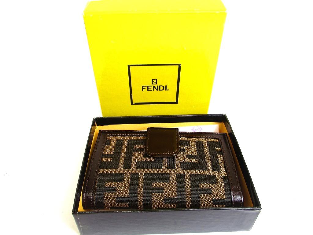 Authentic FENDI Zucca Khaki Canvas Brown Leather Bifold Wallet Compact Wallet #b174  Open box