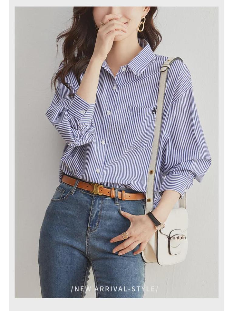 Damblårandig långärmad bomullsskjorta - Vår/Höst 2025 Enkel pendlarstil