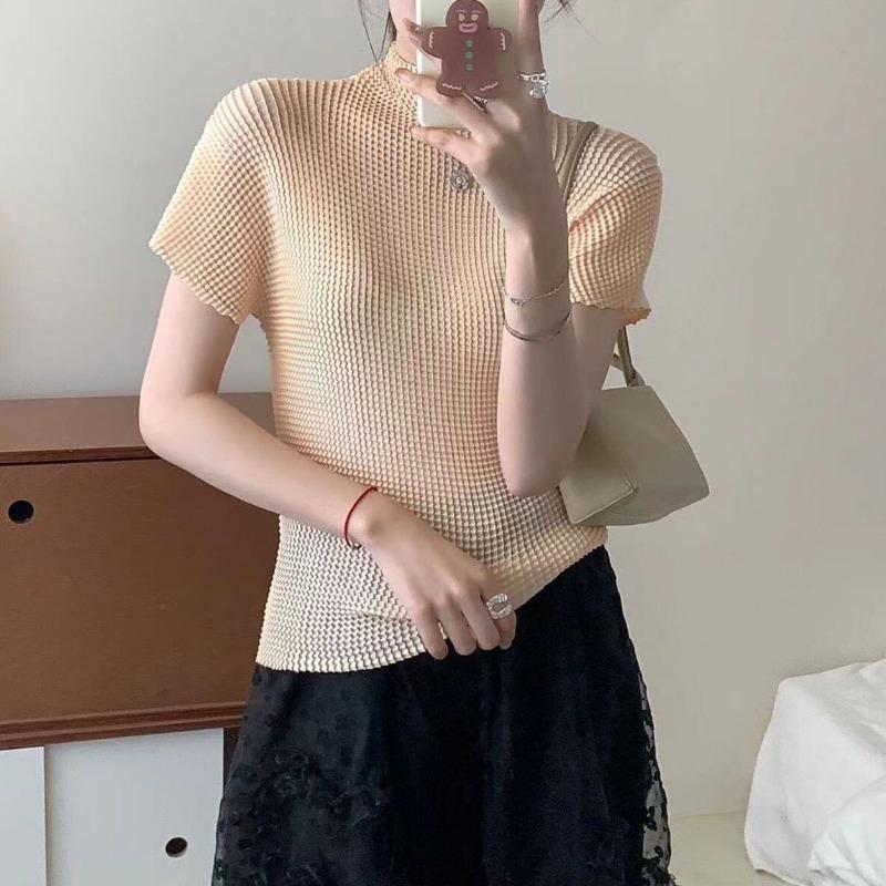 Vintage Wrinkled Short Sleeve Women  High Neck Slim Fit Summer Magic Casual Thin Top
